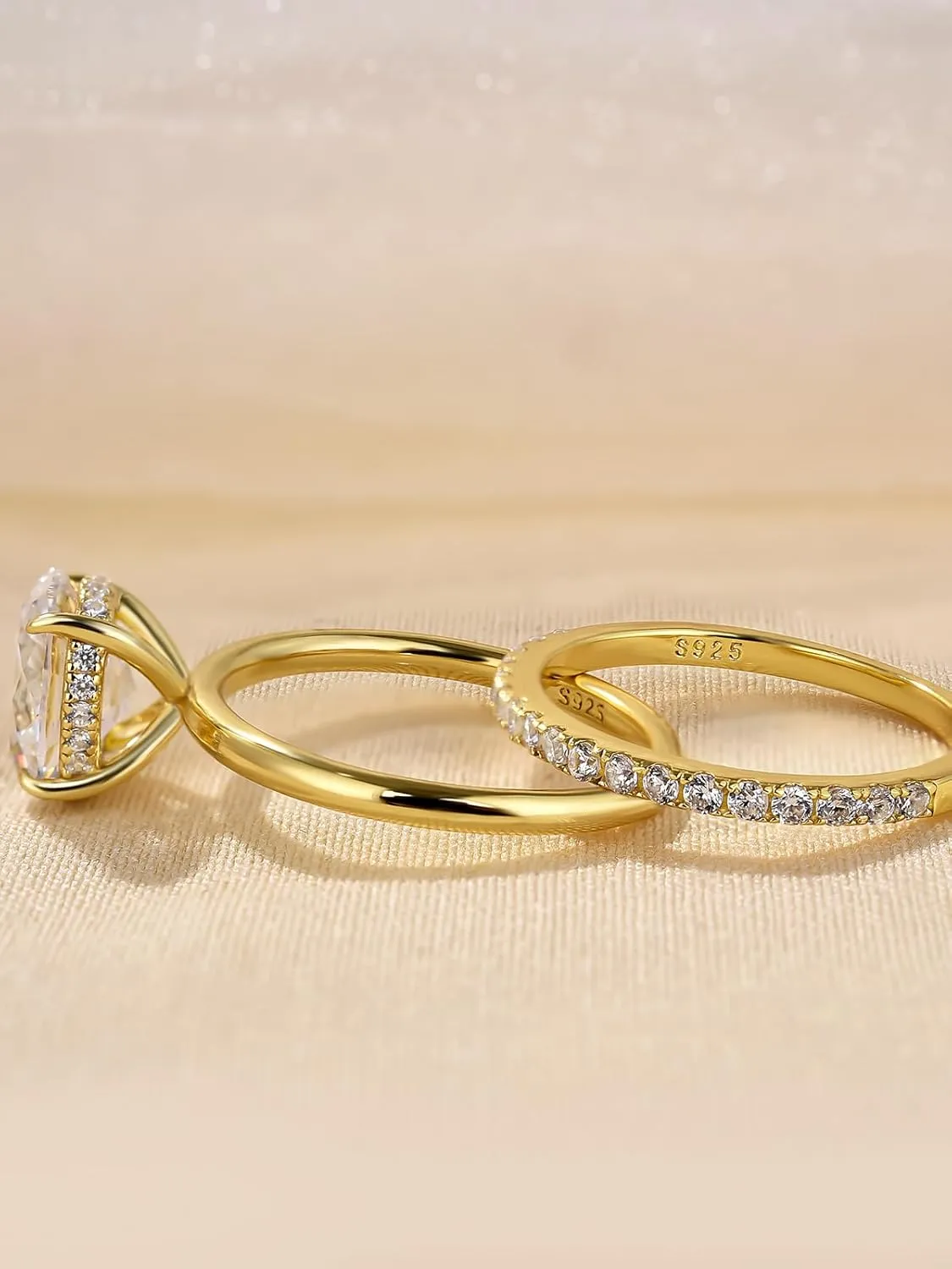 1.5CT Oval Cut Engagement Ring Set,14K Yellow Gold Plated 925 Sterling Silver CZ Bridal Wedding Ring Set