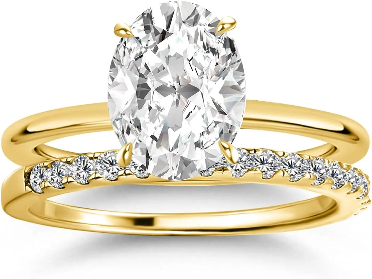 1.5CT Oval Cut Engagement Ring Set,14K Yellow Gold Plated 925 Sterling Silver CZ Bridal Wedding Ring Set