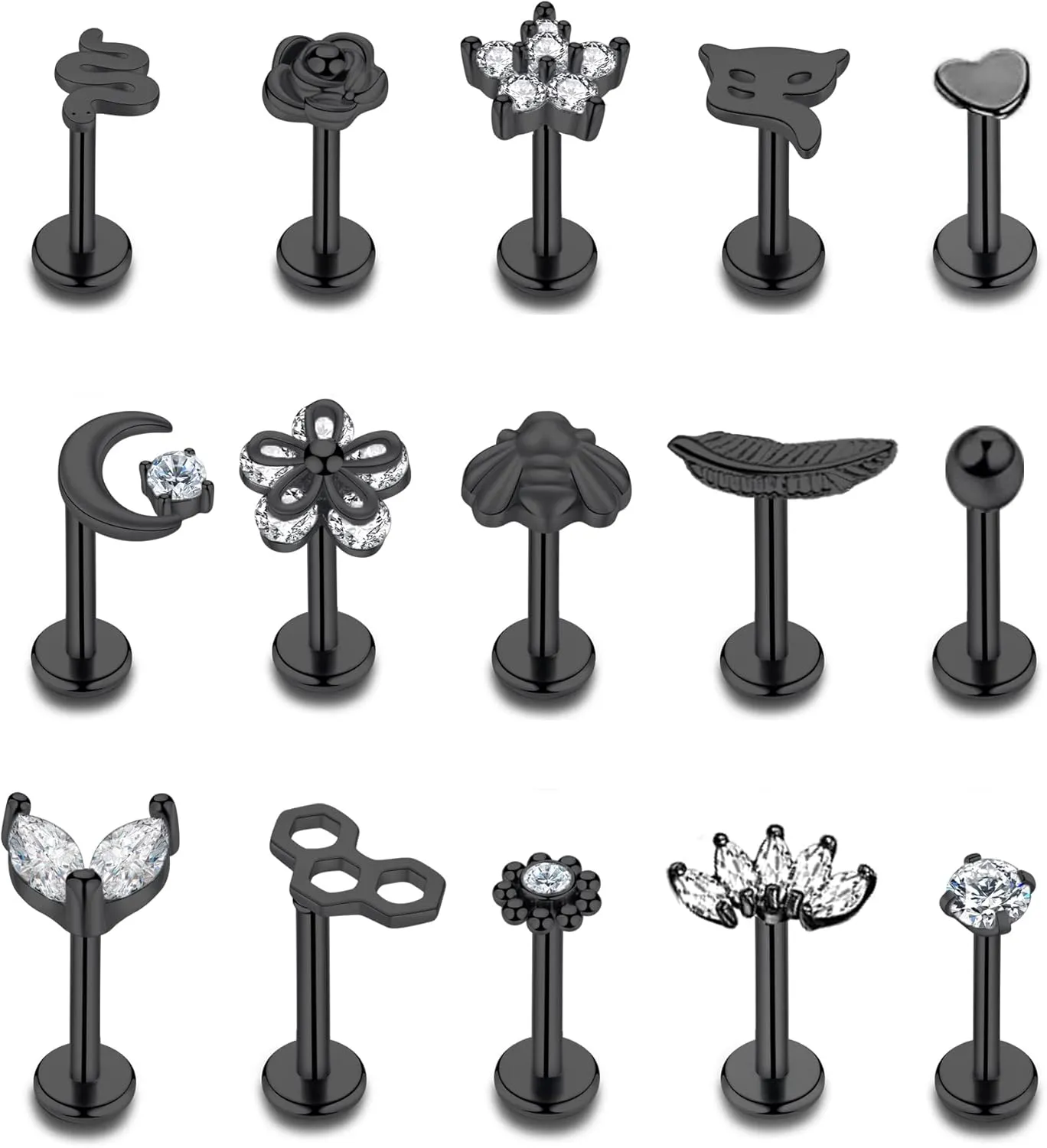 15PCS 16G 316L Stainless Steel Cartilage Earring Stud Internal Thread CZ Flower Moon Labret Studs Tragus Helix Monroe Piercing Jewelry 8MM