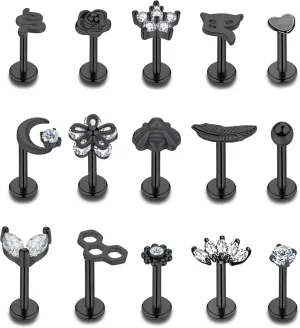 15PCS 16G 316L Stainless Steel Cartilage Earring Stud Internal Thread CZ Flower Moon Labret Studs Tragus Helix Monroe Piercing Jewelry 8MM