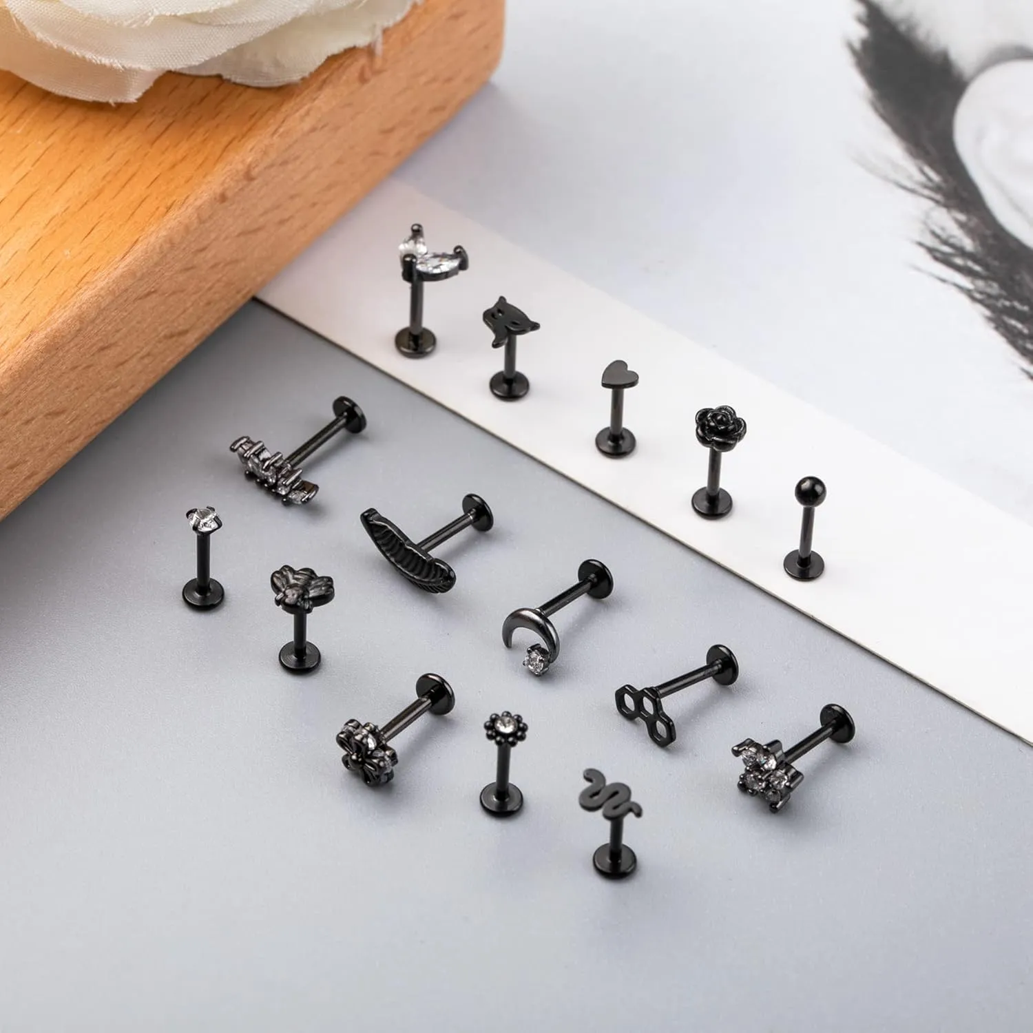 15PCS 16G 316L Stainless Steel Cartilage Earring Stud Internal Thread CZ Flower Moon Labret Studs Tragus Helix Monroe Piercing Jewelry 8MM