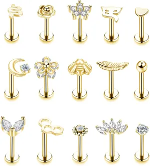 15PCS 16G 316L Stainless Steel Cartilage Earring Stud Internal Thread CZ Flower Moon Labret Studs Tragus Helix Monroe Piercing Jewelry 8MM