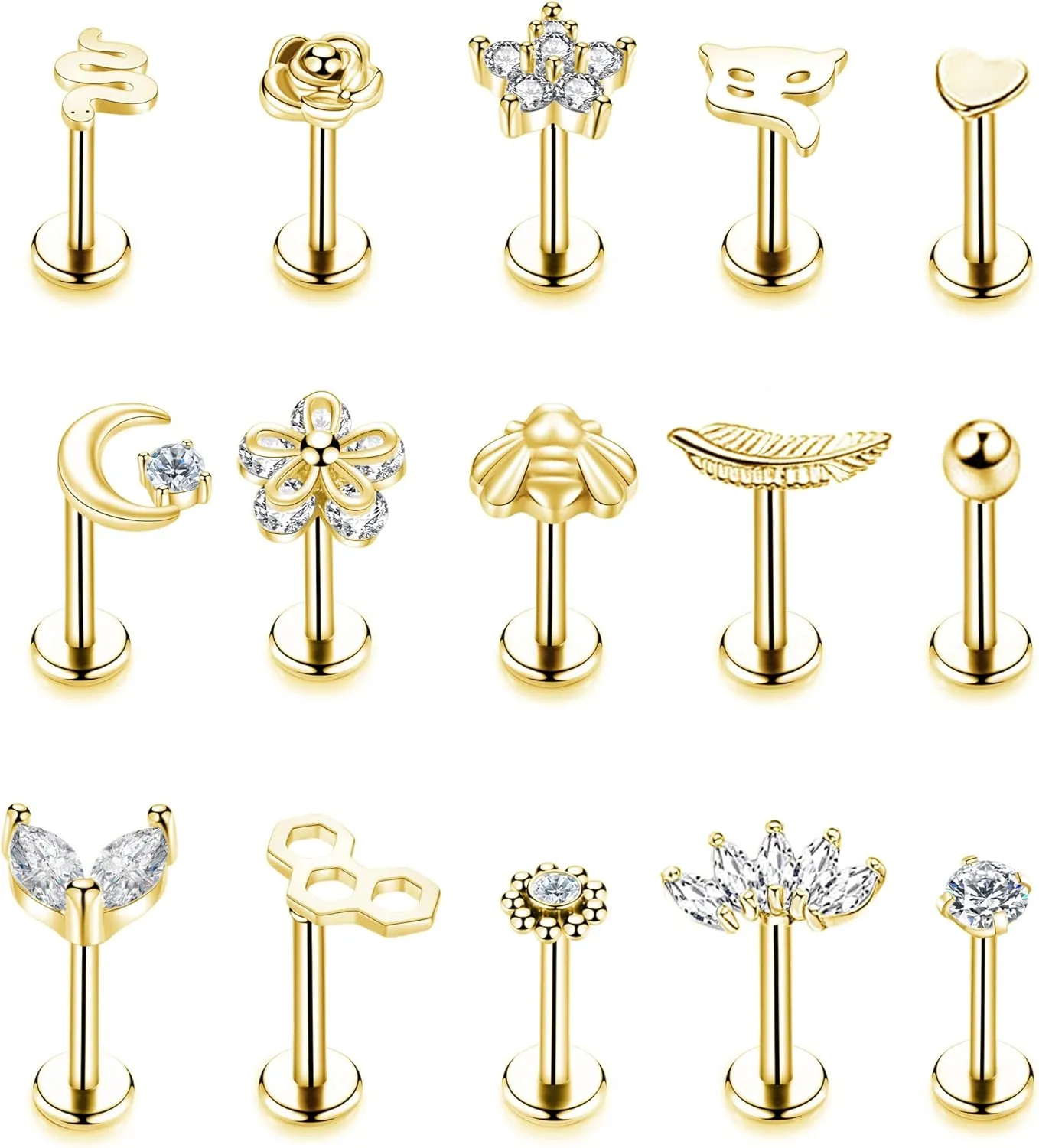 15PCS 16G 316L Stainless Steel Cartilage Earring Stud Internal Thread CZ Flower Moon Labret Studs Tragus Helix Monroe Piercing Jewelry 8MM