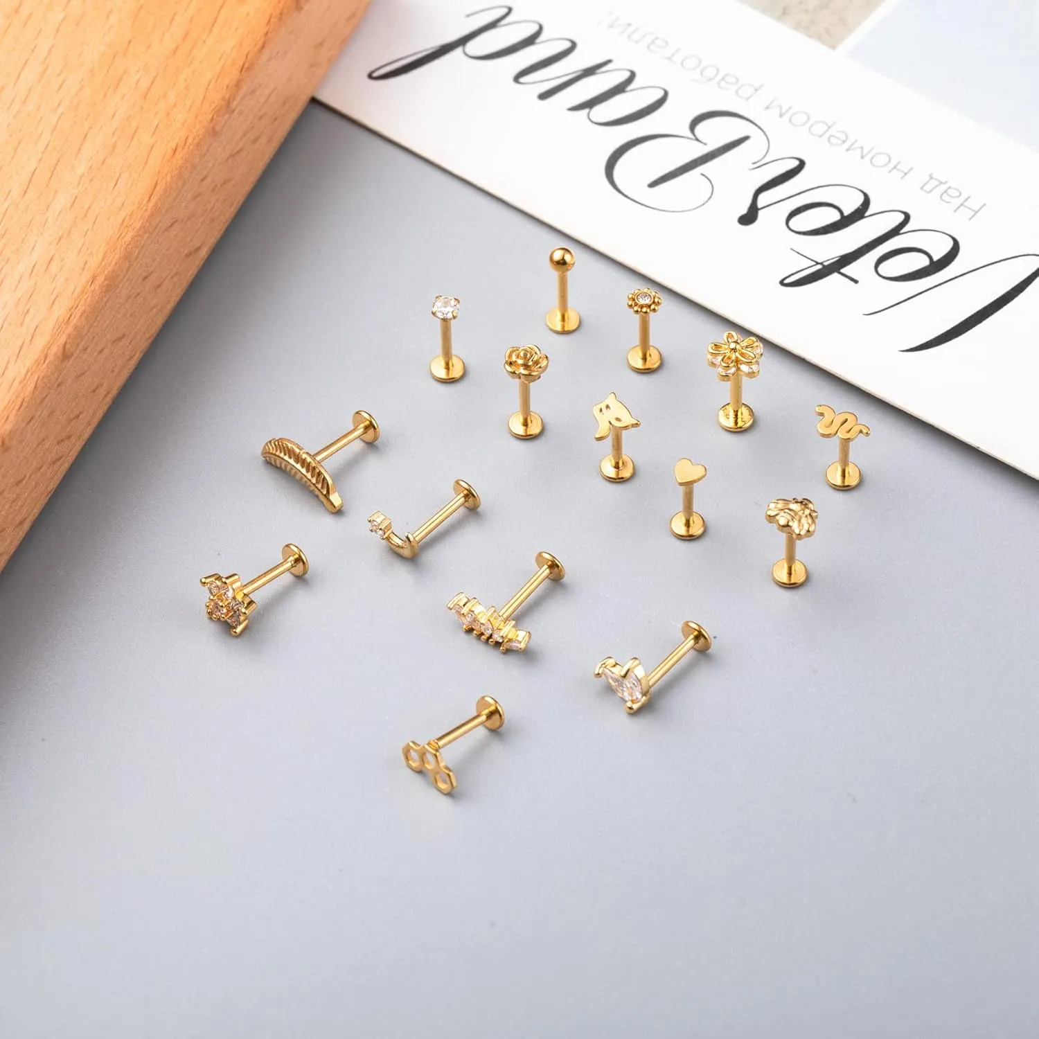 15PCS 16G 316L Stainless Steel Cartilage Earring Stud Internal Thread CZ Flower Moon Labret Studs Tragus Helix Monroe Piercing Jewelry 8MM