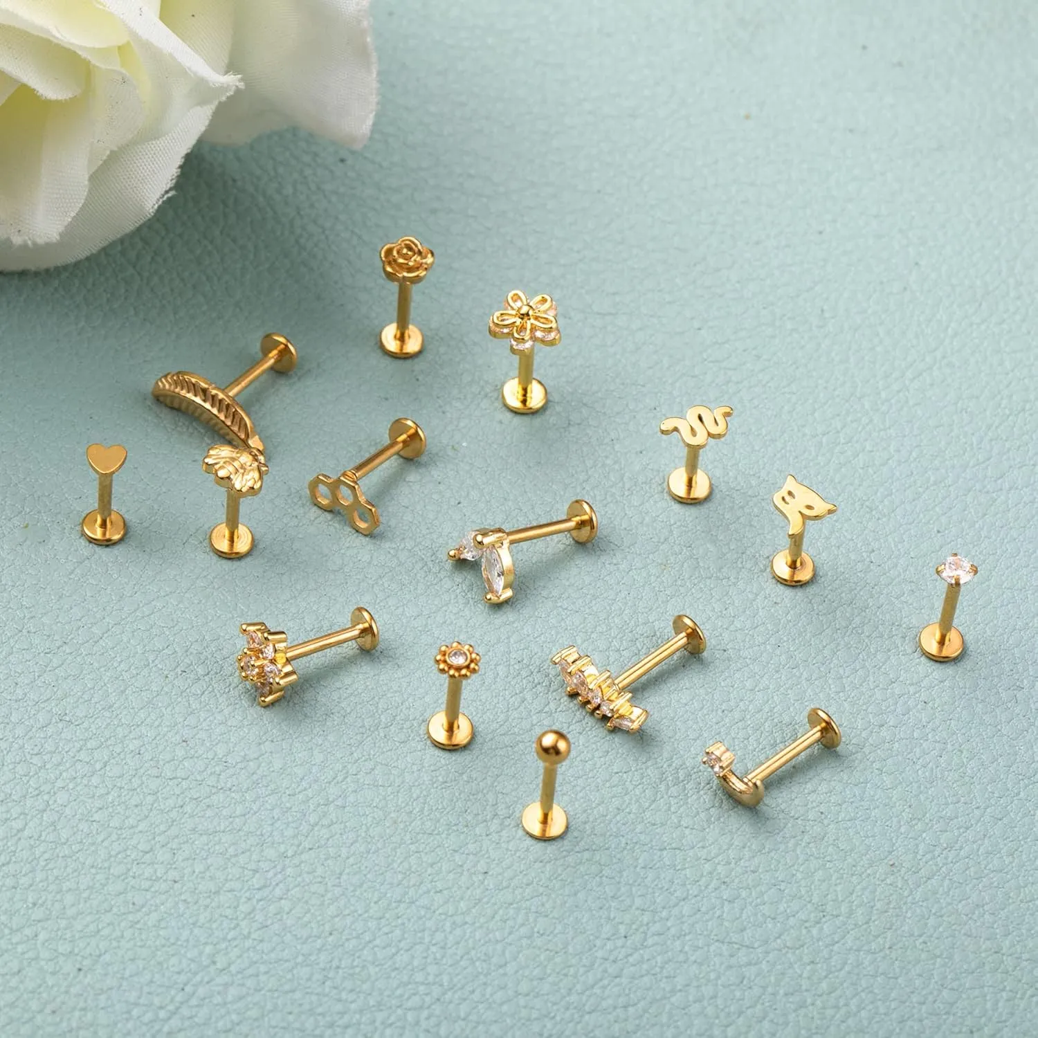 15PCS 16G 316L Stainless Steel Cartilage Earring Stud Internal Thread CZ Flower Moon Labret Studs Tragus Helix Monroe Piercing Jewelry 8MM