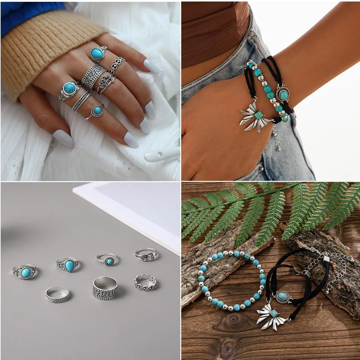 16 Pcs Western Jewelry for Women Bohemian Set, Boho Pendant Long Choker, Faux Leather Layered Bracelet, Hoop Earrings Rings set