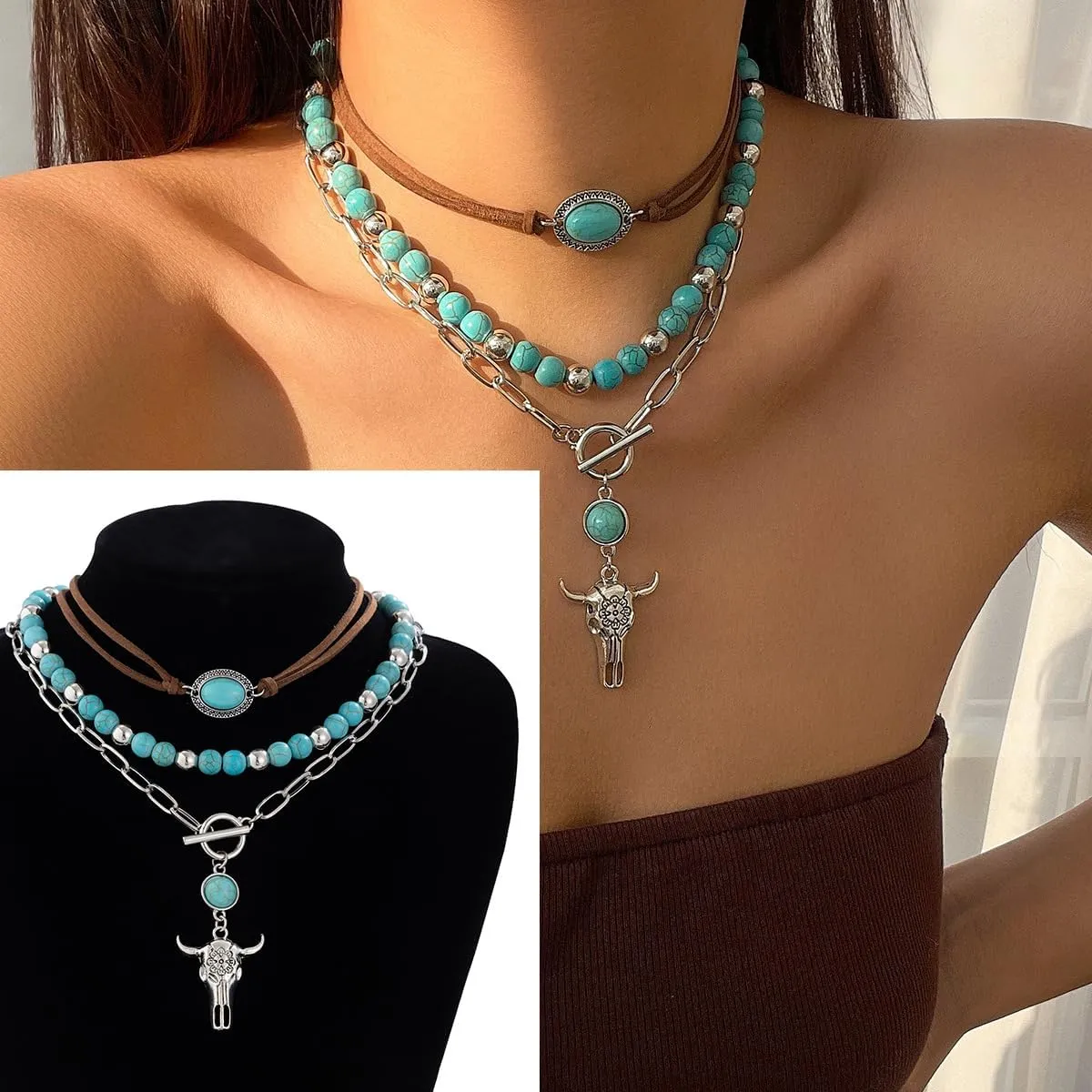 16 Pcs Western Jewelry for Women Bohemian Set, Boho Pendant Long Choker, Faux Leather Layered Bracelet, Hoop Earrings Rings set