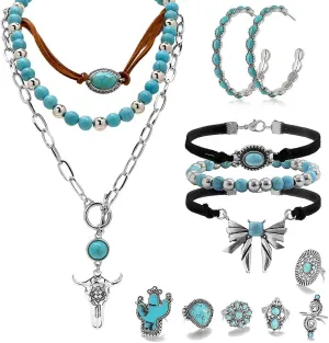 16 Pcs Western Jewelry for Women Bohemian Set, Boho Pendant Long Choker, Faux Leather Layered Bracelet, Hoop Earrings Rings set