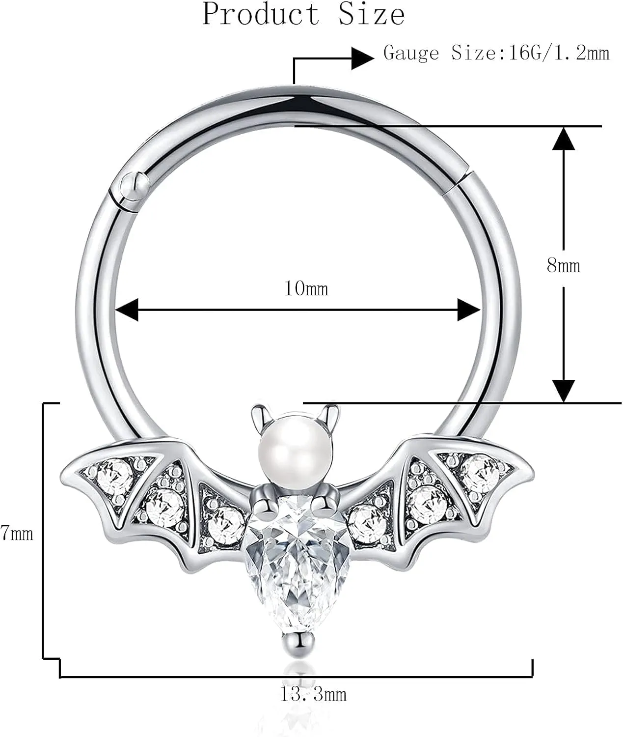 16G Septum Ring for Women Men 316L Surgical Stainless Steel Nipple Rings Cute Halloween Bat Nose Ring Seamless Hinged Segment Clicker CZ Daith Earrings Rook Helix Tragus Cartilage Piercing Jewelry