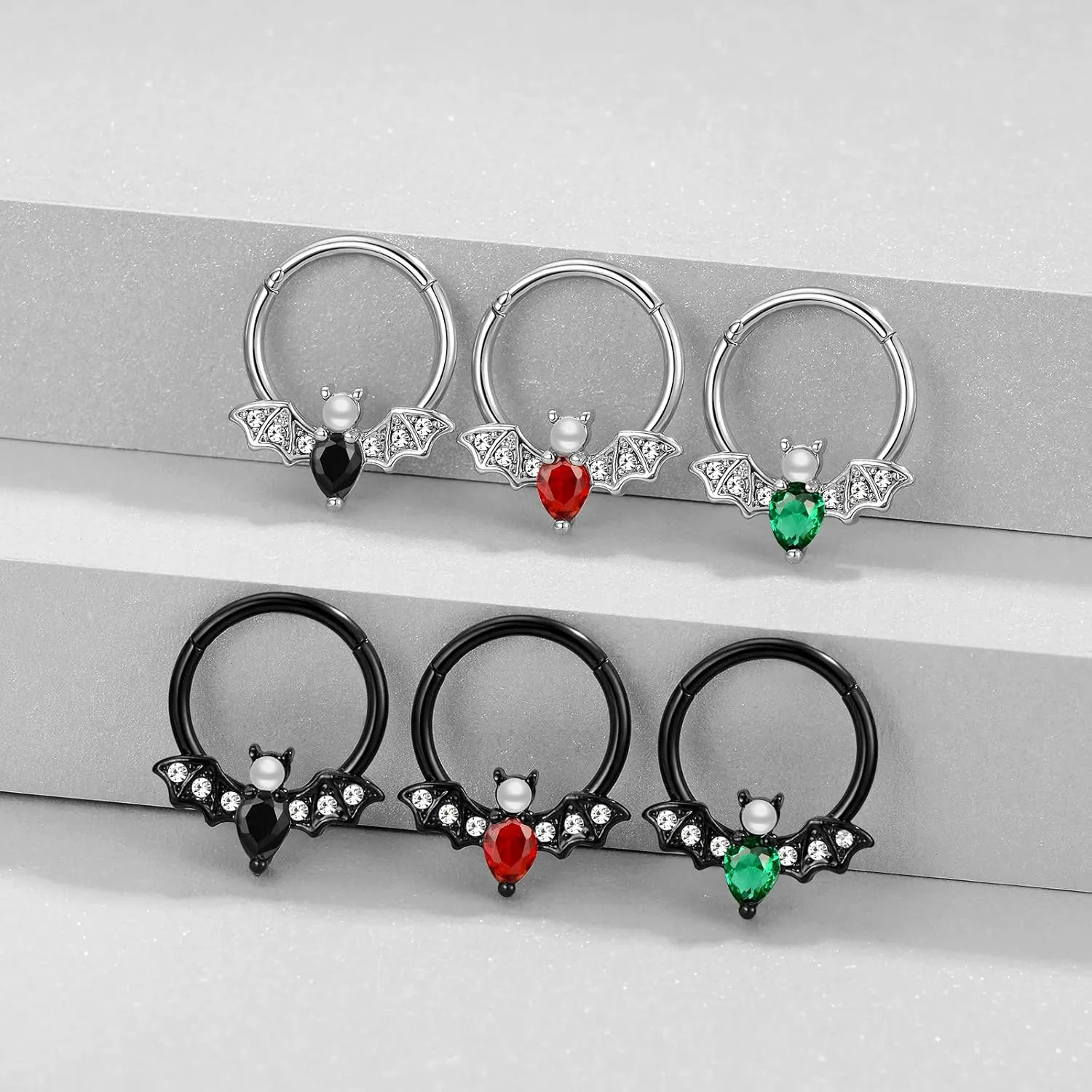 16G Septum Ring for Women Men 316L Surgical Stainless Steel Nipple Rings Cute Halloween Bat Nose Ring Seamless Hinged Segment Clicker CZ Daith Earrings Rook Helix Tragus Cartilage Piercing Jewelry