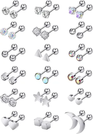 18 Pairs Stainless Steel Stud Earrings Solid Rhinestone Earring Cartilage Earrings Helix Ear Piercing Jewelry for Women Men (Steel Color, 18 G/ 1 mm with 4 mm Screw Ball)