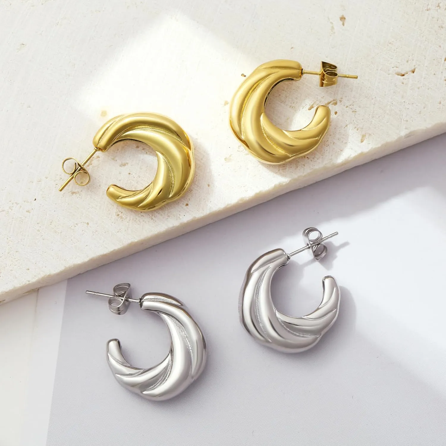 18K Gold Plated Chunky Multi Hoop Earrings for Women Hypoallergenic Trendy Triple Split Open Loop Huggie Earrings Lightweight Gold Hoops Ear Studs Jewelry