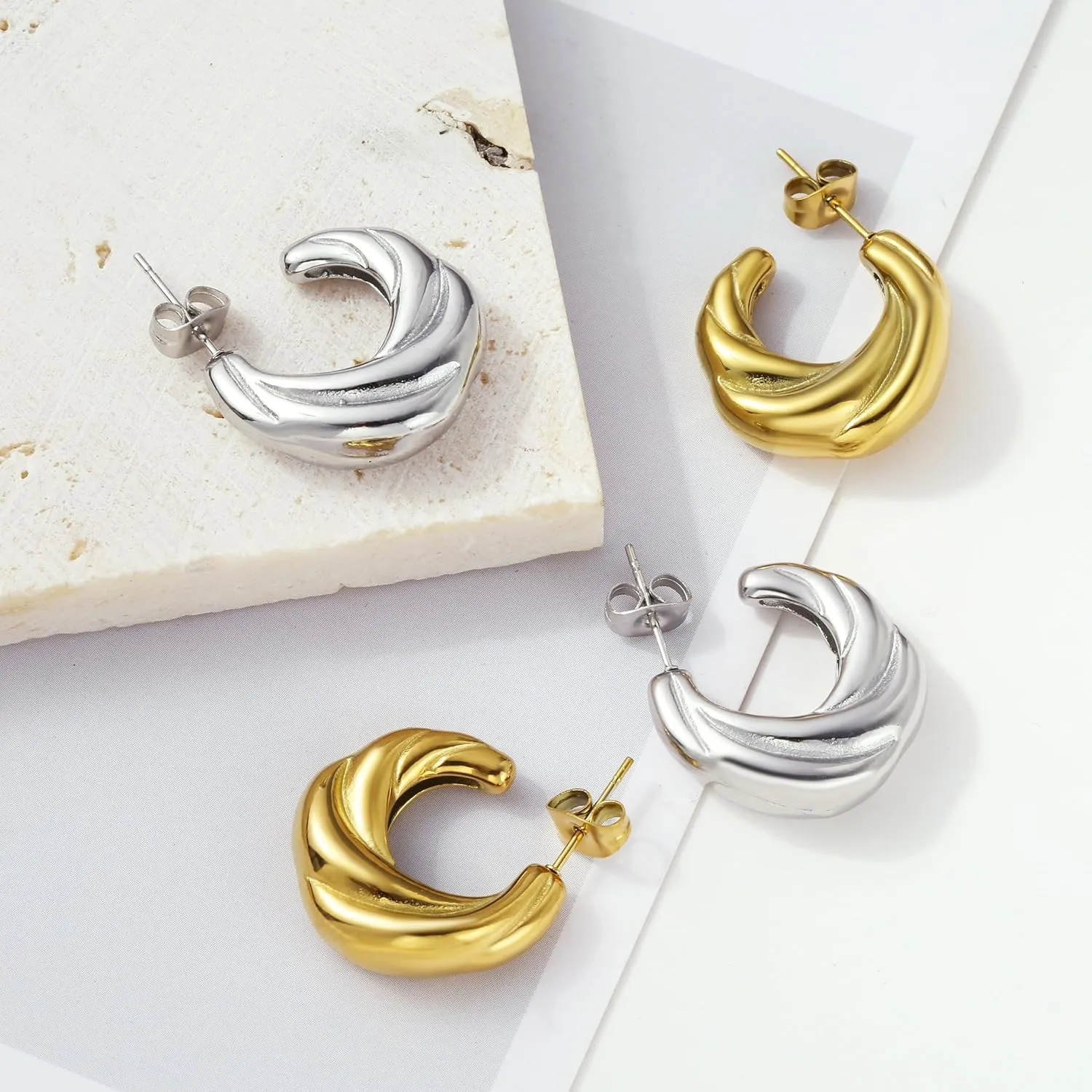 18K Gold Plated Chunky Multi Hoop Earrings for Women Hypoallergenic Trendy Triple Split Open Loop Huggie Earrings Lightweight Gold Hoops Ear Studs Jewelry