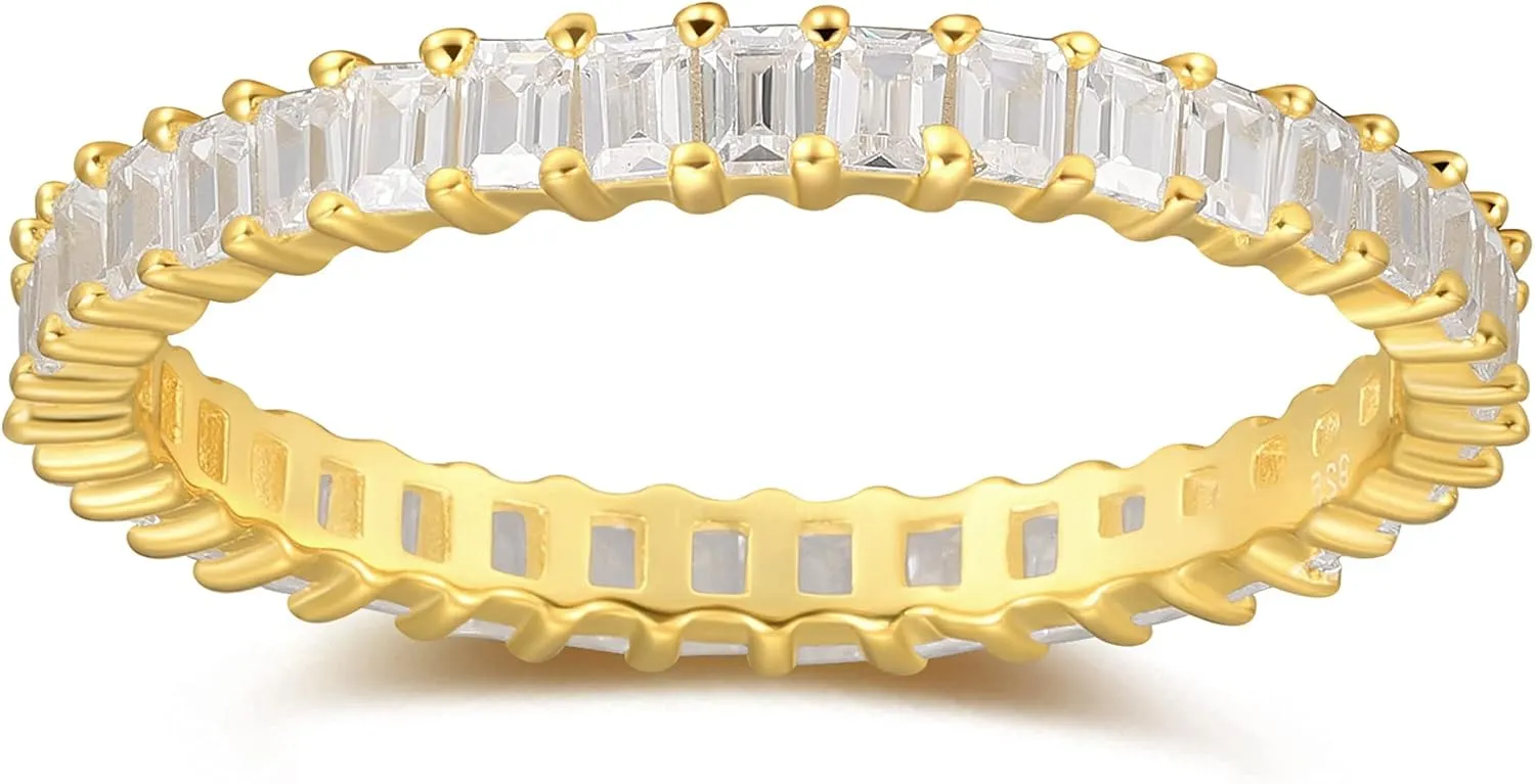 18K Gold Plated Dainty Vertical Baguette Eternity Band | CZ Stacking Ring in Gold | Womens Gold Stackable Ring Promise Ring Wedding Jewelry Hypoallergenic