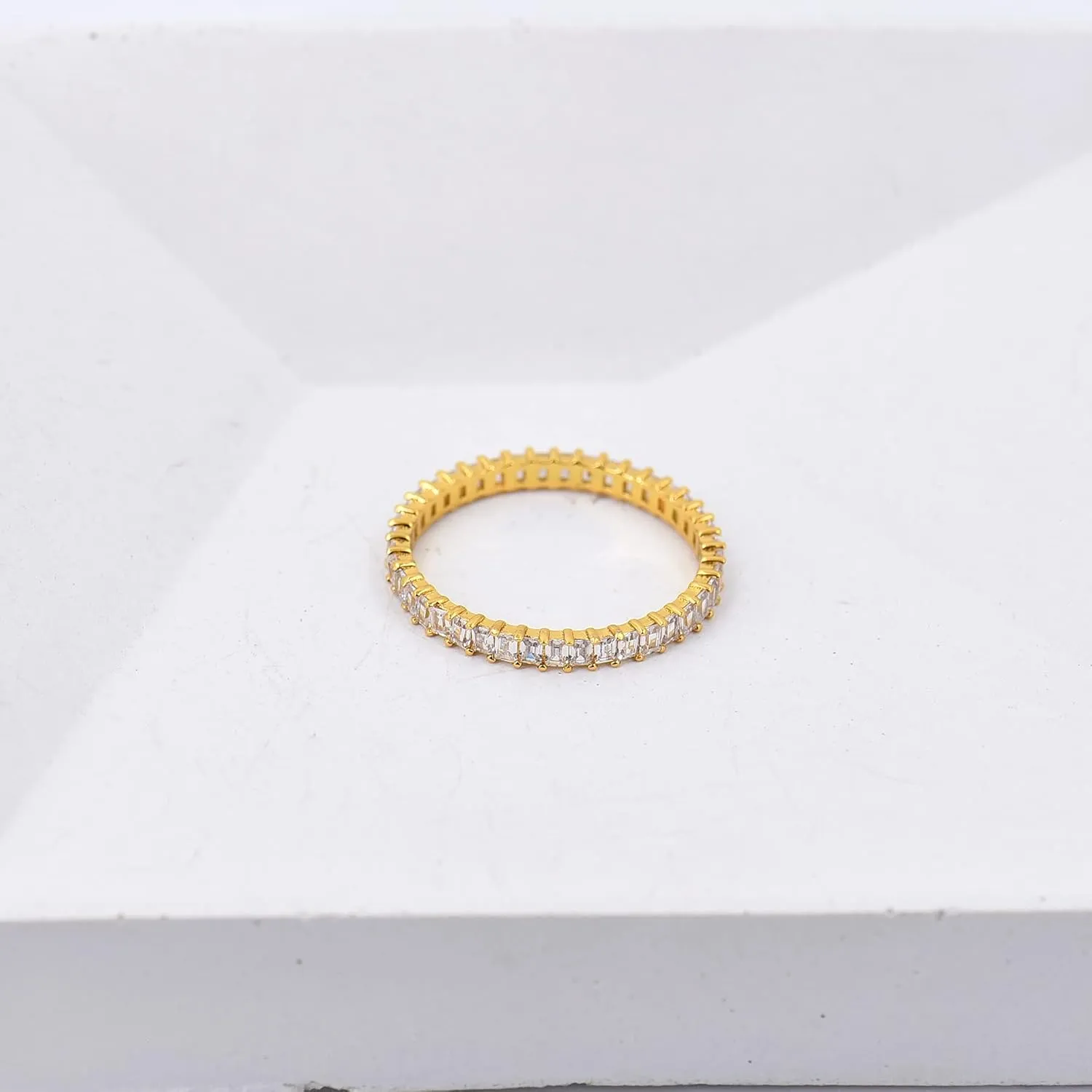 18K Gold Plated Dainty Vertical Baguette Eternity Band | CZ Stacking Ring in Gold | Womens Gold Stackable Ring Promise Ring Wedding Jewelry Hypoallergenic