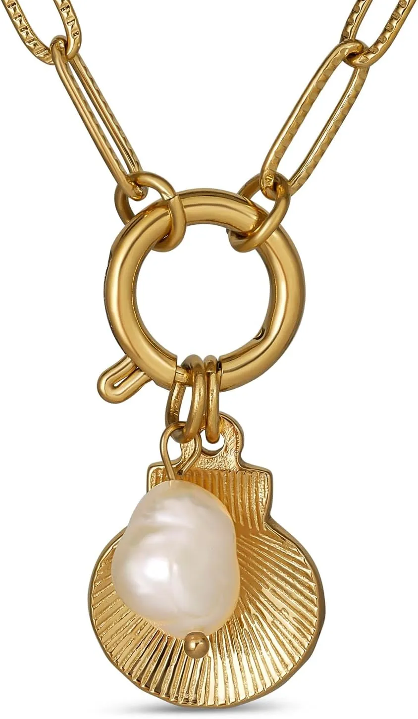 18k Gold Plated Stainless Steel Chain Link Seashell Necklace with Pearl, 18 Inch