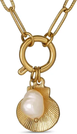 18k Gold Plated Stainless Steel Chain Link Seashell Necklace with Pearl, 18 Inch
