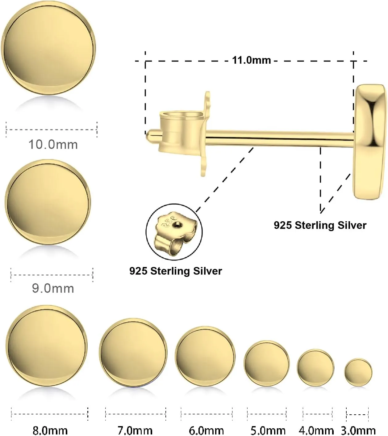 18K Gold Plated Sterling Silver Dot Stud Earrings 3mm-10mm Options, Flat Round Disc Studs Hypoallergenic Jewelry