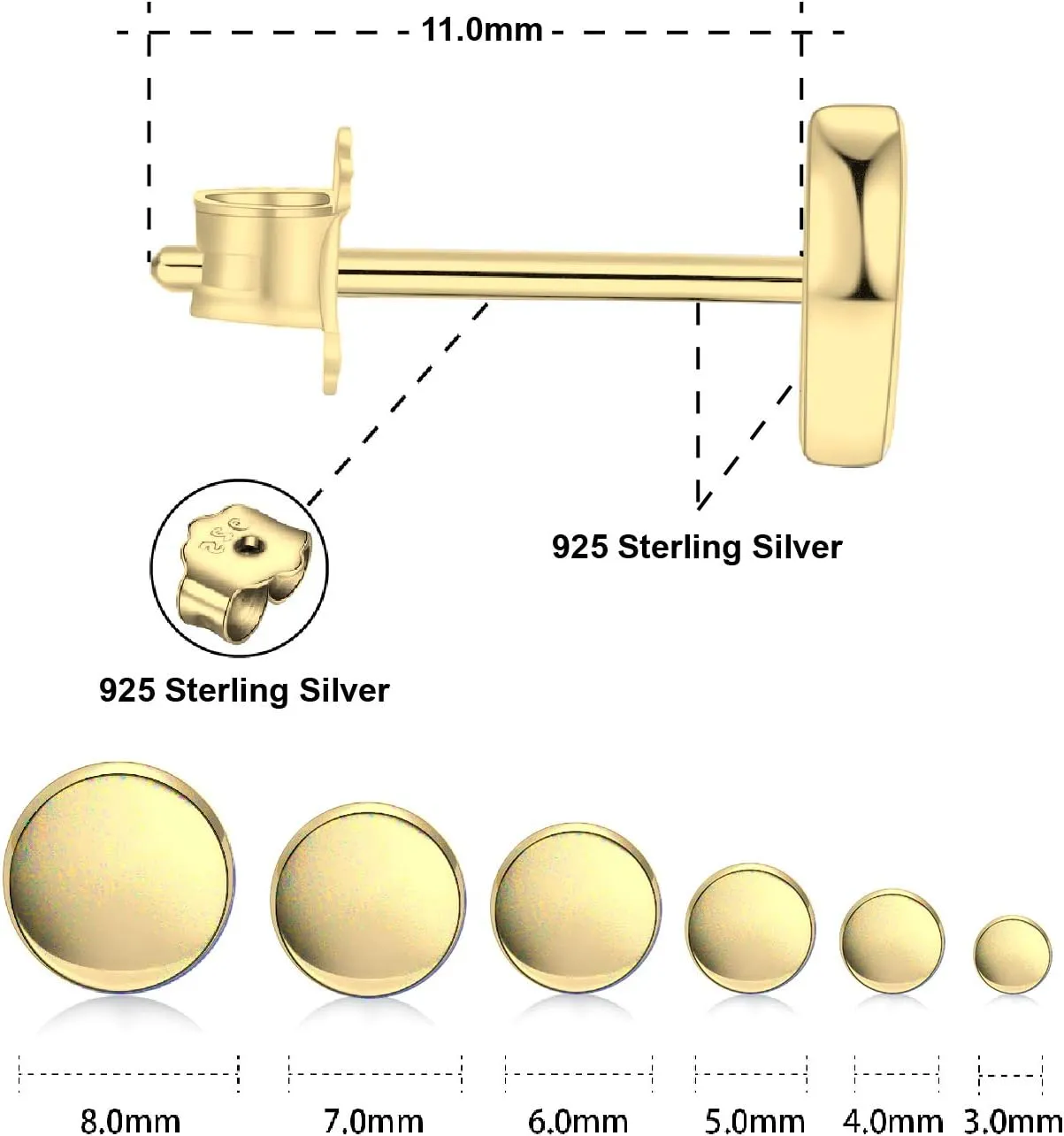 18K Gold Plated Sterling Silver Dot Stud Earrings 3mm-10mm Options, Flat Round Disc Studs Hypoallergenic Jewelry