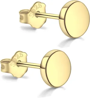 18K Gold Plated Sterling Silver Dot Stud Earrings 3mm-10mm Options, Flat Round Disc Studs Hypoallergenic Jewelry