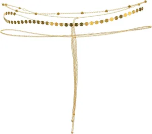 18K Gold Plated Waist Chain for Women, 3PCS Sexy Belly Chain Jewelry,Adjustable Multilayer Bikini Body Chain,Gold Metal Waist Belt for Dresses and Beachwear