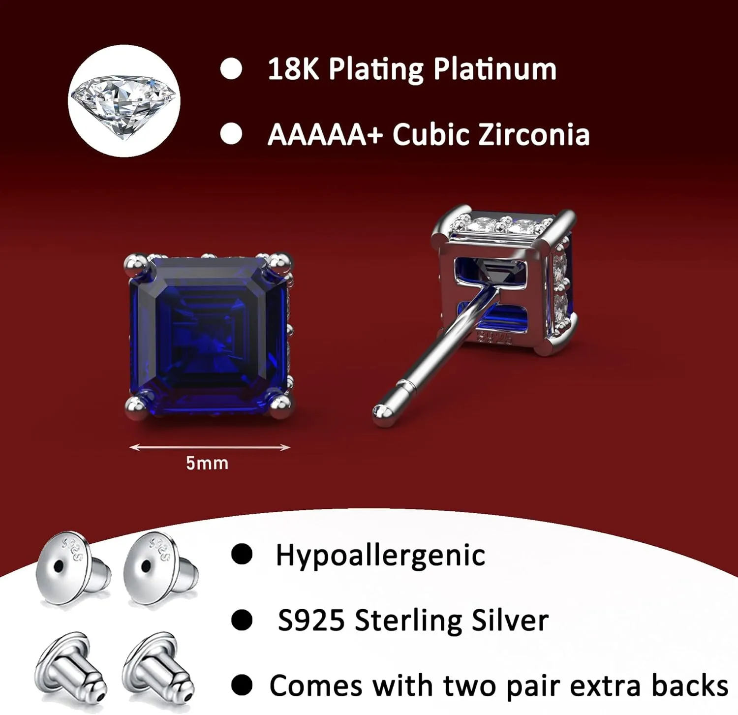 18K White Gold Plated Sterling Silver Asscher Cut Cubic Zirconia Stud Earrings for Women Men | Square CZ Stud Earrings Simulated Diamond Earrings Studs