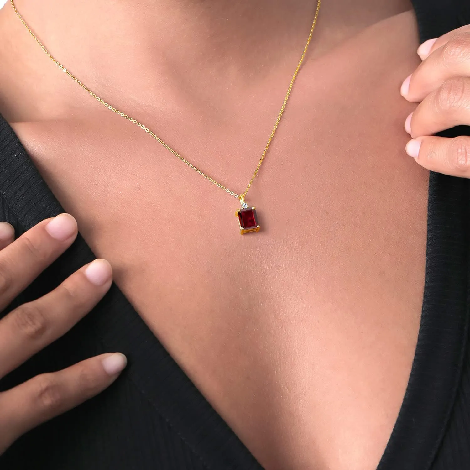 18K Yellow Gold Plated Silver Gemstone Birthstone Solitaire Pendant Necklace for Women | Emerald Cut 9X7MM and 2MM Round White Accents | With 18 Inch Chain | Fine Jewelry for Her Mom Wife