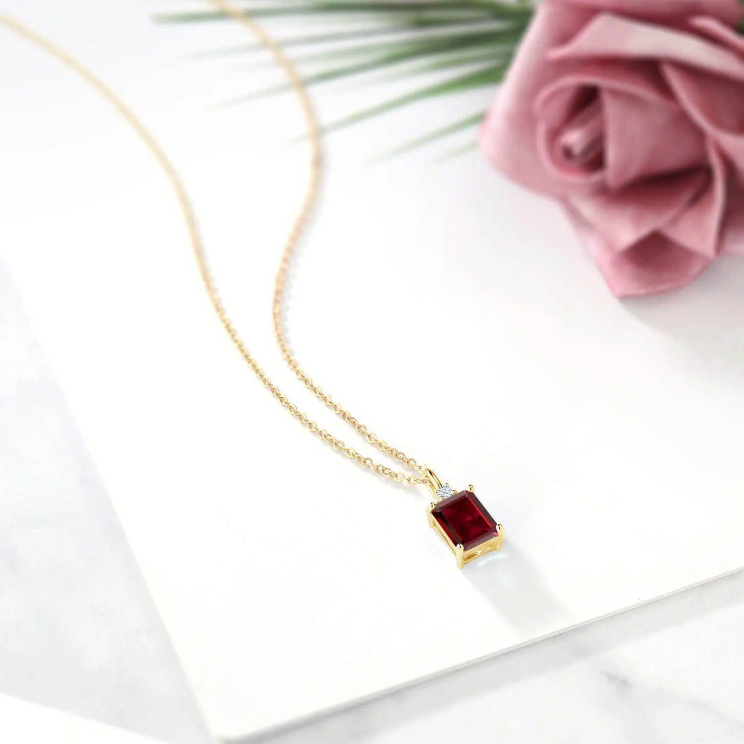 18K Yellow Gold Plated Silver Gemstone Birthstone Solitaire Pendant Necklace for Women | Emerald Cut 9X7MM and 2MM Round White Accents | With 18 Inch Chain | Fine Jewelry for Her Mom Wife