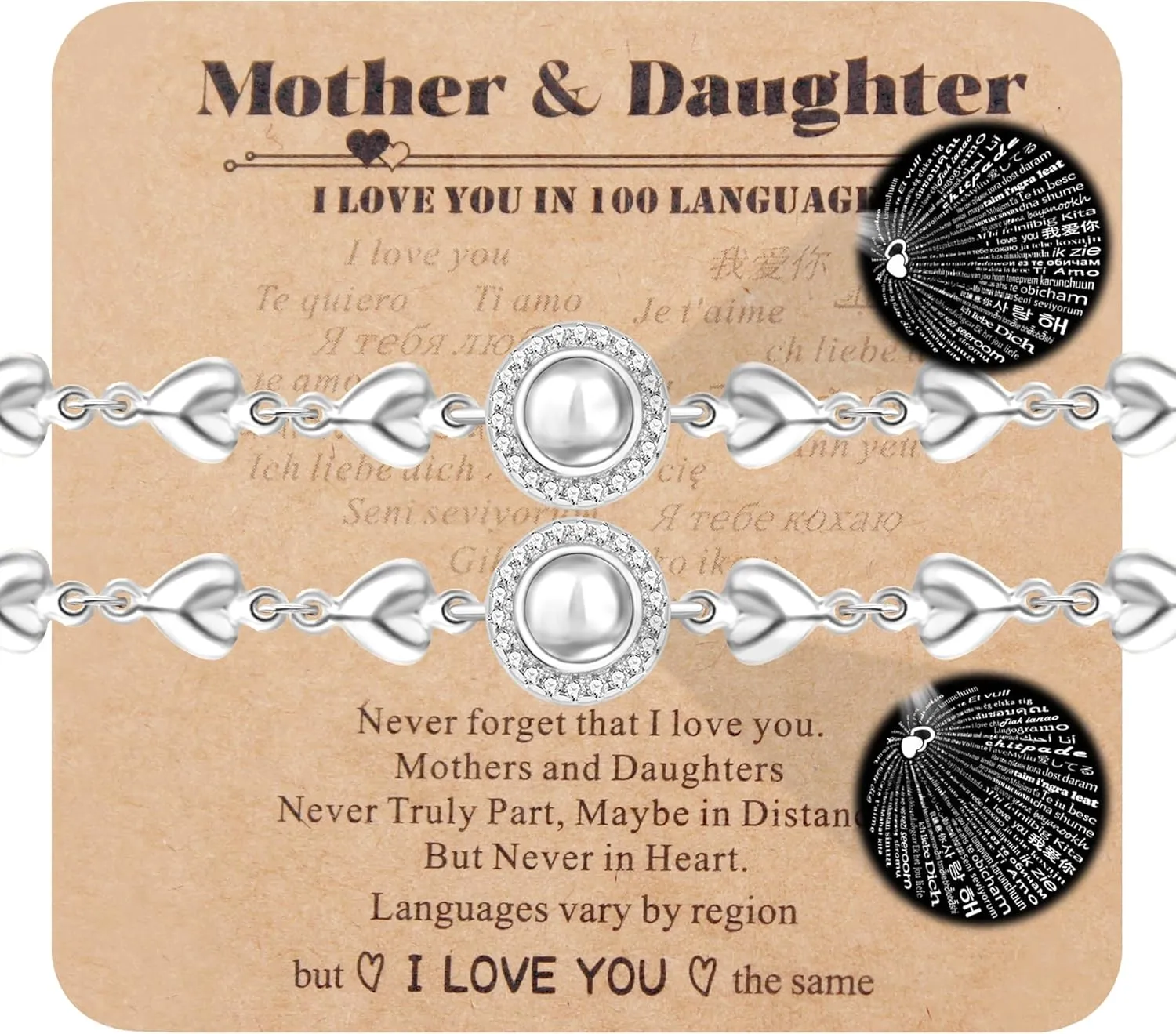 1pc/2pc Platinum/Gold Plated Stainless Steel Heart Link Chain Projection Bracelet 100 Different Language I Love You Bracelet for Mother's Day YA4749
