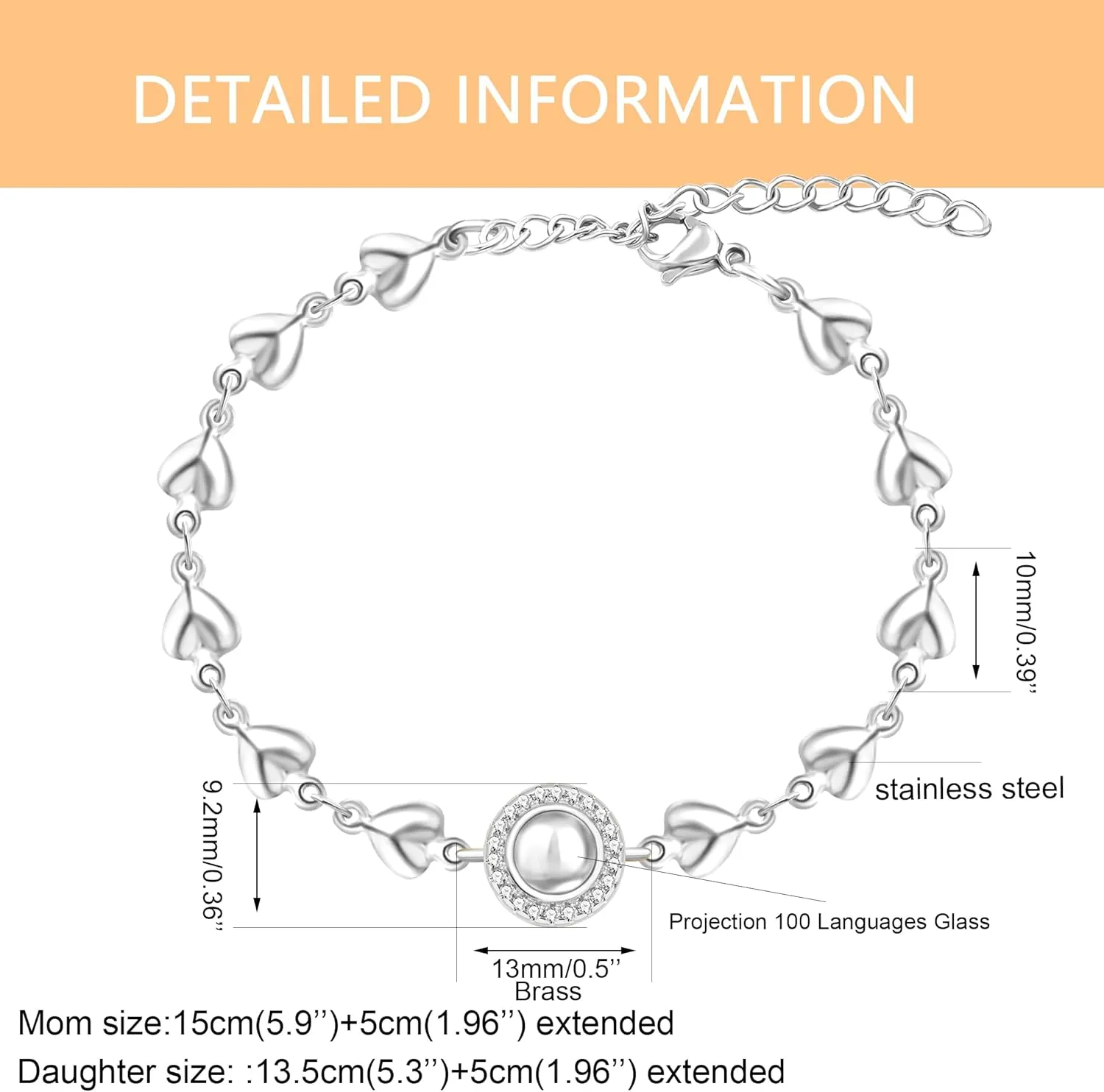1pc/2pc Platinum/Gold Plated Stainless Steel Heart Link Chain Projection Bracelet 100 Different Language I Love You Bracelet for Mother's Day YA4749