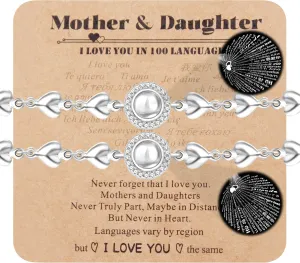 1pc/2pc Platinum/Gold Plated Stainless Steel Heart Link Chain Projection Bracelet 100 Different Language I Love You Bracelet for Mother's Day YA4749