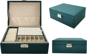 2 Layers PU Leather Jewelry Box Jewelry Organizer Box for Girls Gift Earring Organizer with Lock Jewelry Case Removable Tray for Necklace Earring Ring with Polishing Cloth and Jewelry Bags (Green)