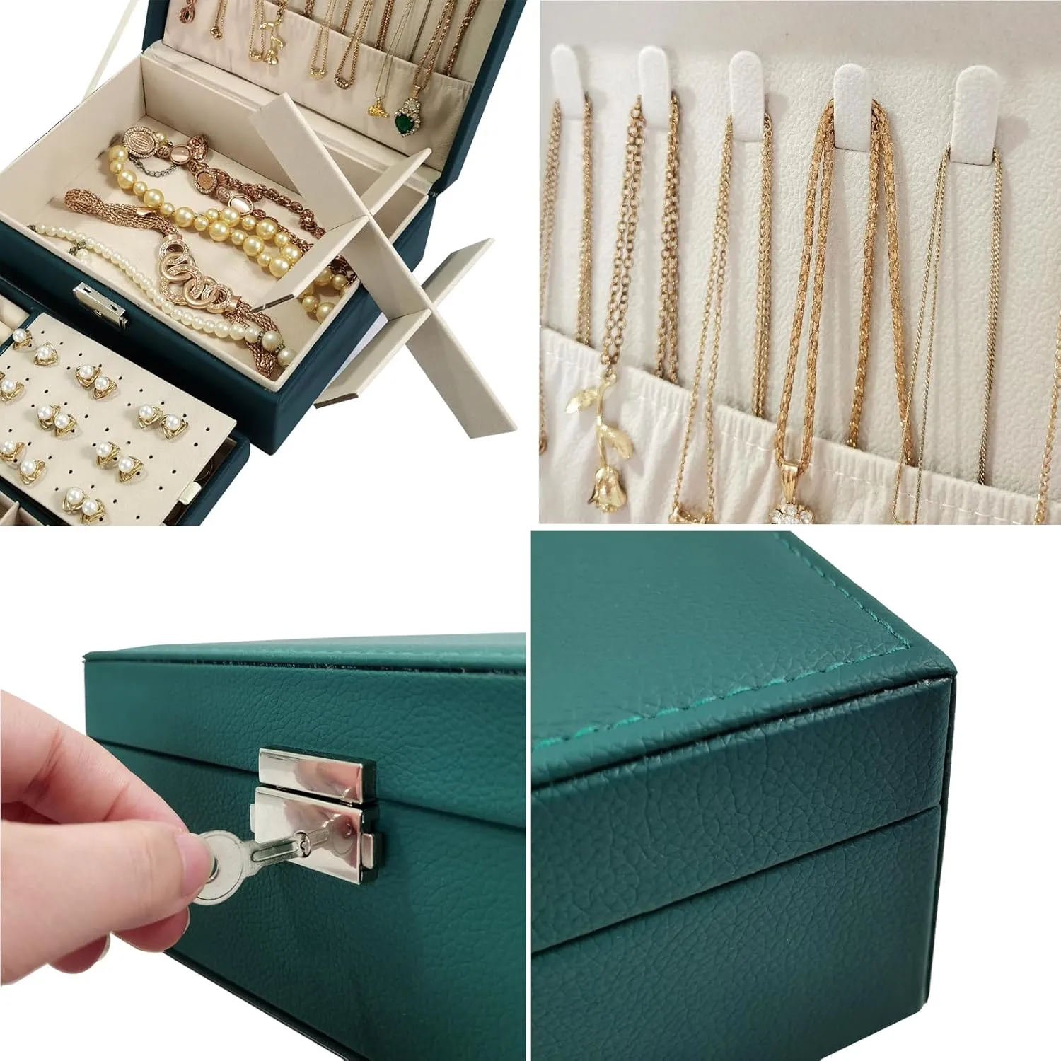 2 Layers PU Leather Jewelry Box Jewelry Organizer Box for Girls Gift Earring Organizer with Lock Jewelry Case Removable Tray for Necklace Earring Ring with Polishing Cloth and Jewelry Bags (Green)