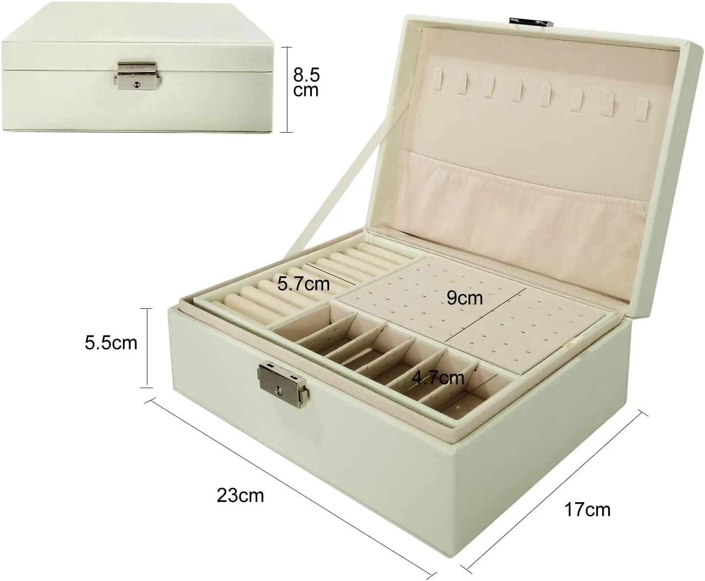 2 Layers PU Leather Jewelry Box Jewelry Organizer Box for Girls Gift Earring Organizer with Lock Jewelry Case Removable Tray for Necklace Earring Ring with Polishing Cloth and Jewelry Bags (White)