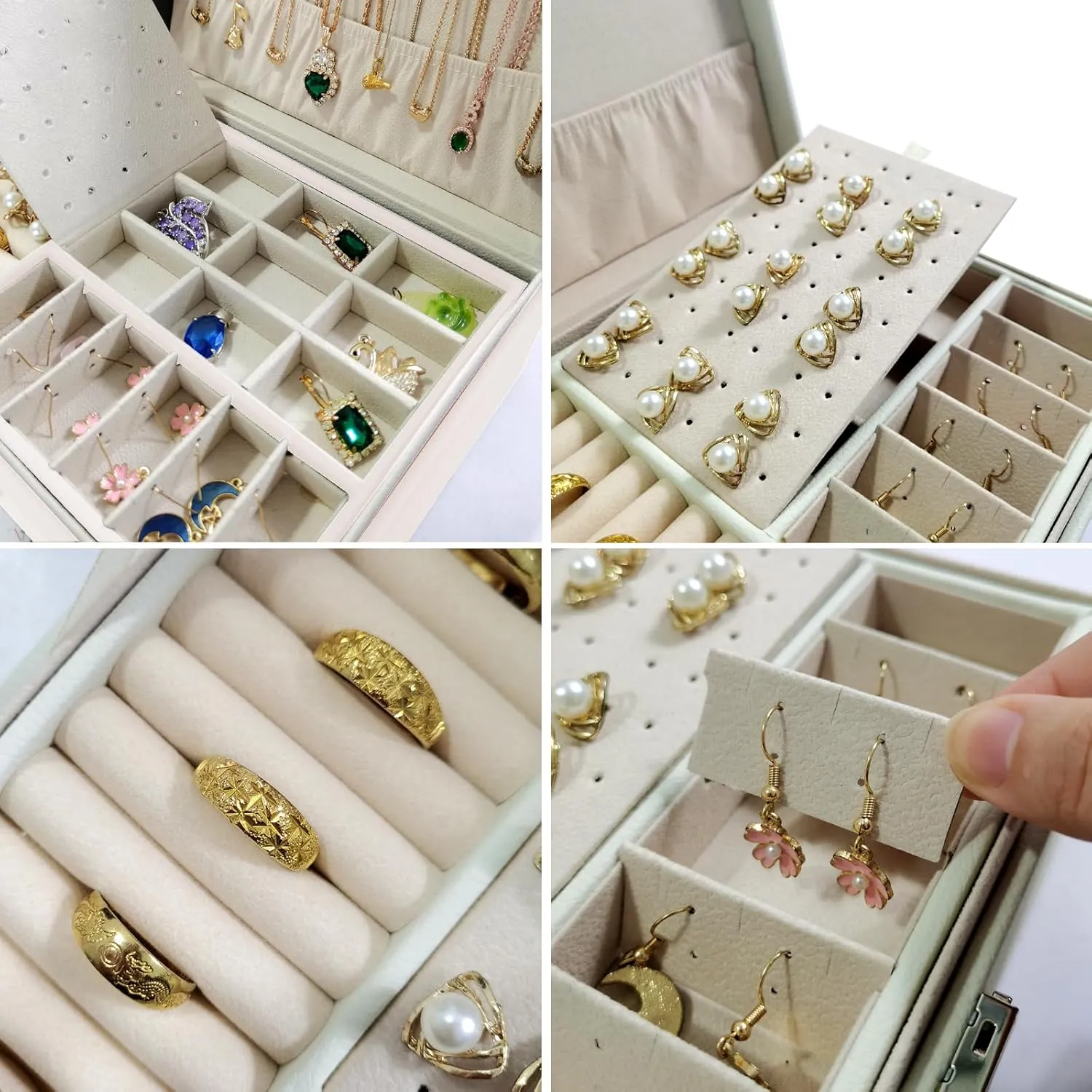 2 Layers PU Leather Jewelry Box Jewelry Organizer Box for Girls Gift Earring Organizer with Lock Jewelry Case Removable Tray for Necklace Earring Ring with Polishing Cloth and Jewelry Bags (White)