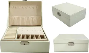 2 Layers PU Leather Jewelry Box Jewelry Organizer Box for Girls Gift Earring Organizer with Lock Jewelry Case Removable Tray for Necklace Earring Ring with Polishing Cloth and Jewelry Bags (White)