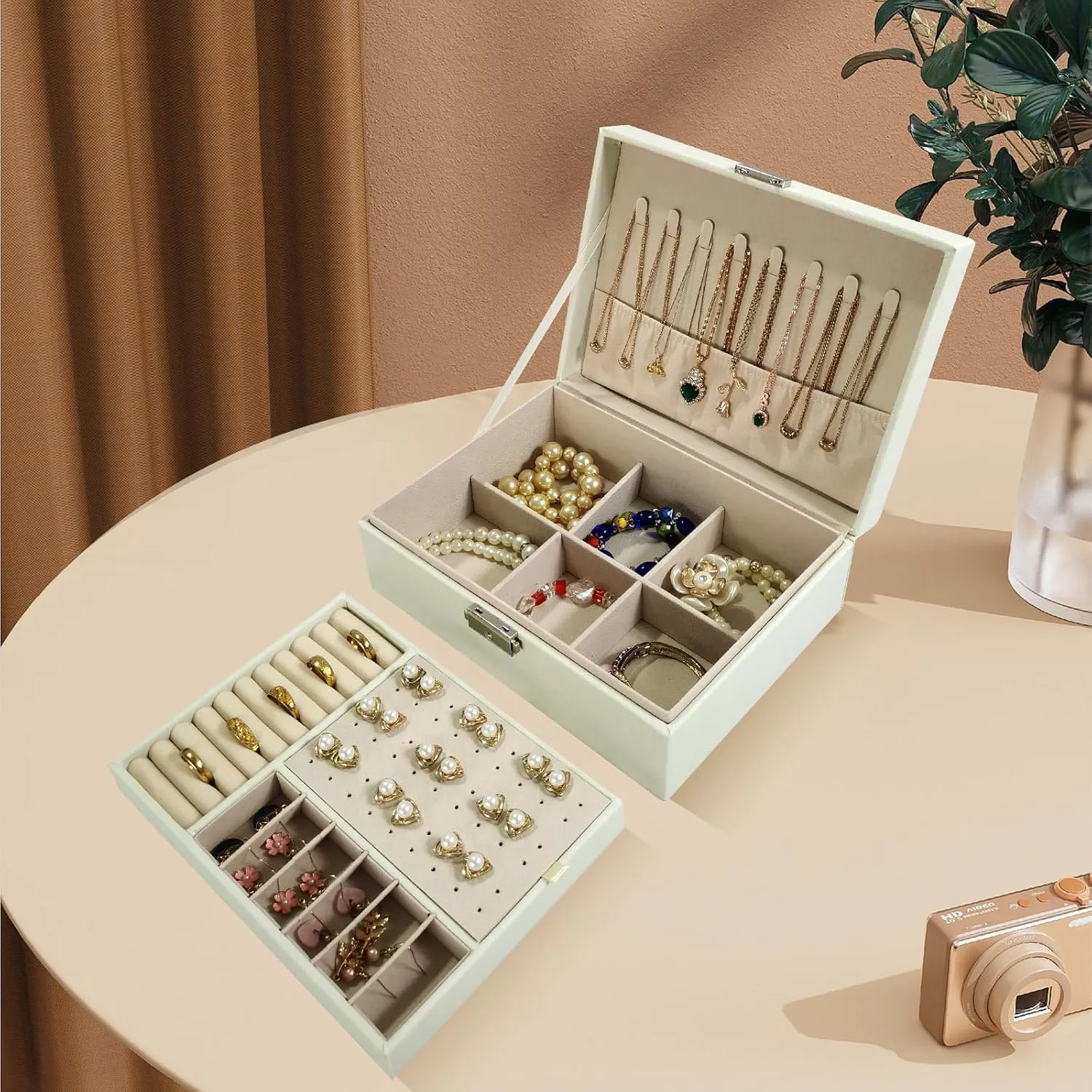 2 Layers PU Leather Jewelry Box Jewelry Organizer Box for Girls Gift Earring Organizer with Lock Jewelry Case Removable Tray for Necklace Earring Ring with Polishing Cloth and Jewelry Bags (White)