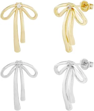2 Pairs Brass Bow Earrings 2 Colors Bowknot Earrings with Cubic Zirconia Studs Platinum & Golden Bowknot Stud Earrings Drops for Women Statement Jewelry Gifts