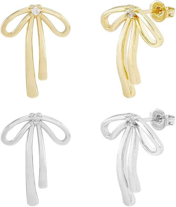 2 Pairs Brass Bow Earrings 2 Colors Bowknot Earrings with Cubic Zirconia Studs Platinum & Golden Bowknot Stud Earrings Drops for Women Statement Jewelry Gifts