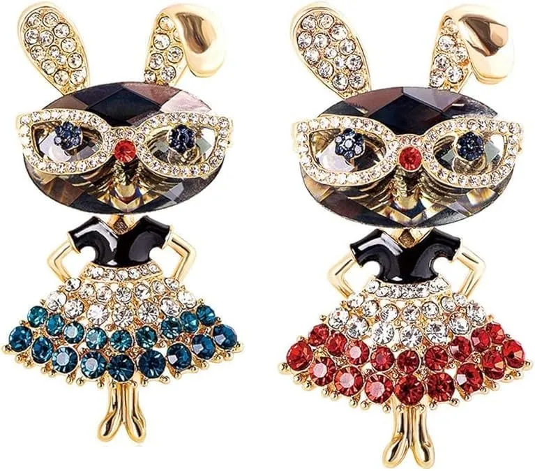 2 Pcs Rhinestone Lady Rabbit Brooch Pin for Women, Girls, Fashion Crystal Bunny Animal Brooches, Lapel Pins, Dainty Cute Jewelry Gift