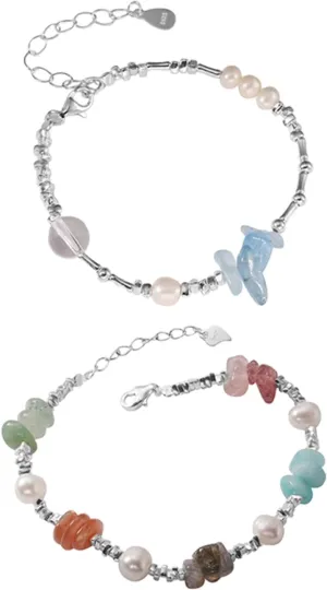 2 Pieces Sea Glass Bracelet with Mint Green Blue Glass and Freshwater Pearls, Boho Jewelry for Women