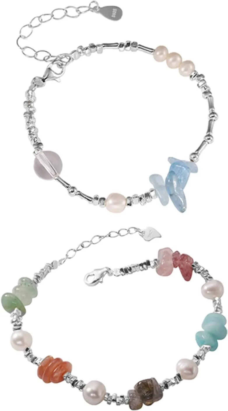 2 Pieces Sea Glass Bracelet with Mint Green Blue Glass and Freshwater Pearls, Boho Jewelry for Women