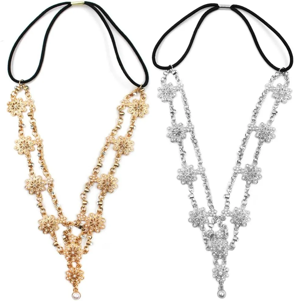 2 Pieces Wedding Headbands Chain Floral Head,DanziX Jewelry Hair Pieces Crystal Pearl Head Chains Headpiece Festival Costume Bridal Hair Accessories(Gold,Sliver)