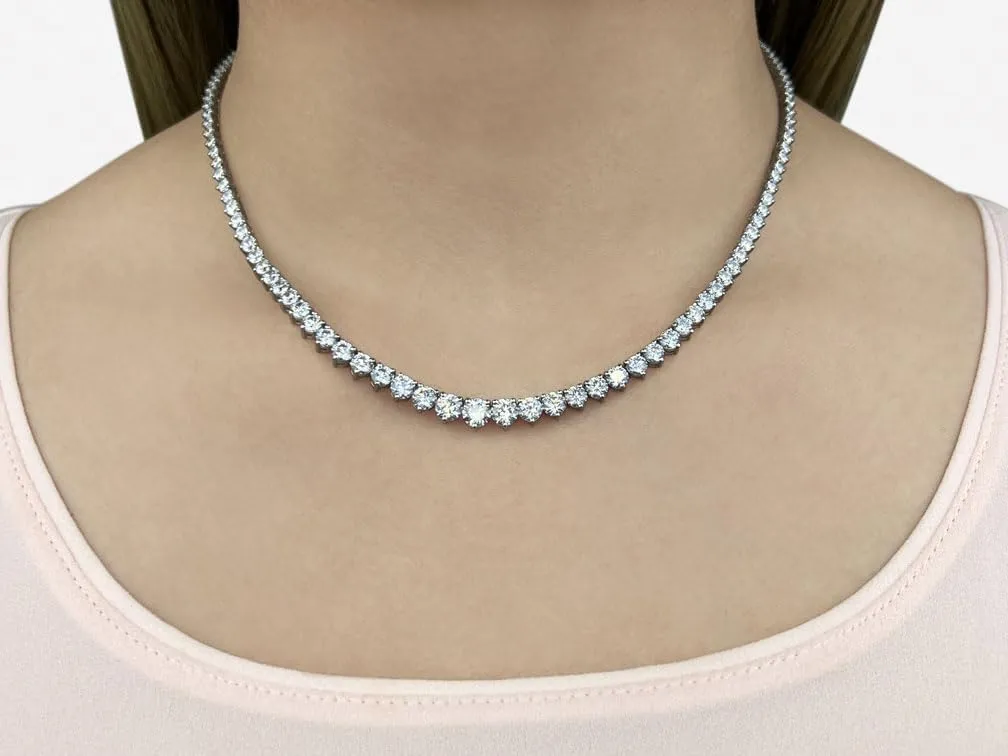 20 Ct Real Round Natural Diamond Graduated Tennis Necklace, 14k Yellow Gold, Rose Gold, White Gold, 16 Inch Length