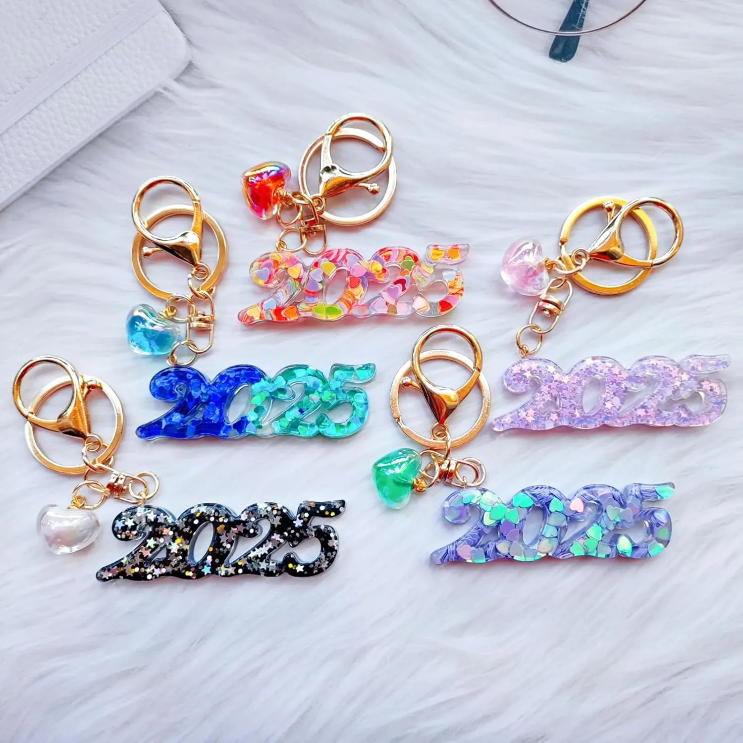 2025 New Years Colorful Keychains with Heart Charms for Women Girls Cute Key Chains for Backpack School Bag