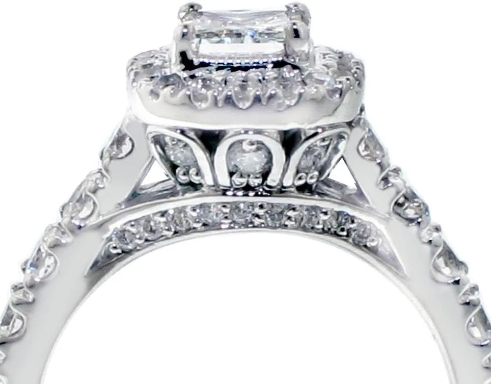 2.07 CT TW GIA Certified Halo Princess Cut Diamond Encrusted Engagement Ring in 14k White Gold
