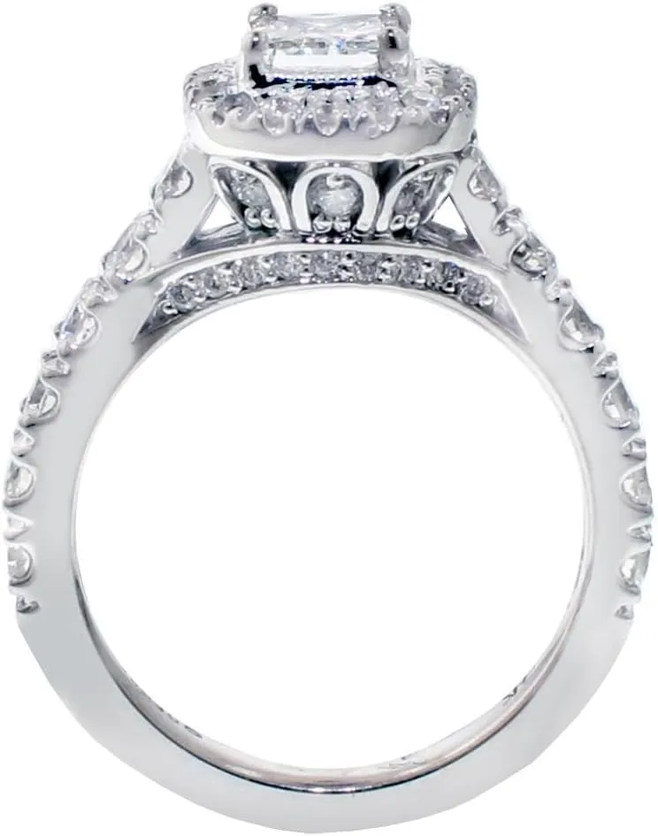 2.07 CT TW GIA Certified Halo Princess Cut Diamond Encrusted Engagement Ring in 14k White Gold