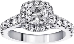 2.07 CT TW GIA Certified Halo Princess Cut Diamond Encrusted Engagement Ring in 14k White Gold