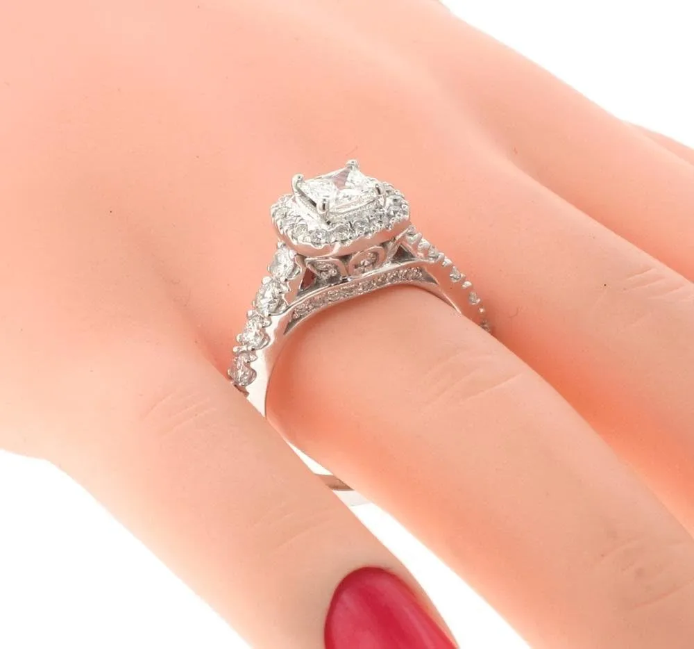2.07 CT TW GIA Certified Halo Princess Cut Diamond Encrusted Engagement Ring in 14k White Gold