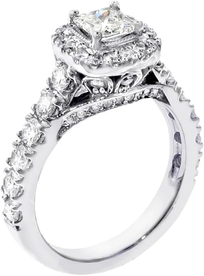 2.07 CT TW GIA Certified Halo Princess Cut Diamond Encrusted Engagement Ring in 14k White Gold